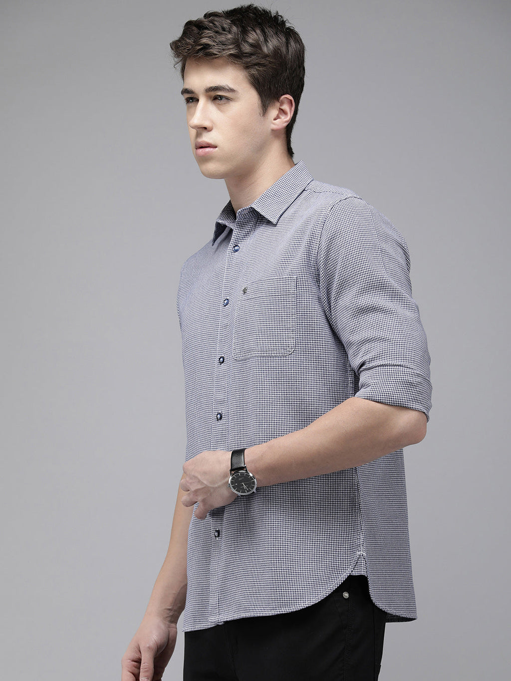 Wanda - Men Blue Hounds tooth Checked Slim Fit Cotton Casual Shirt