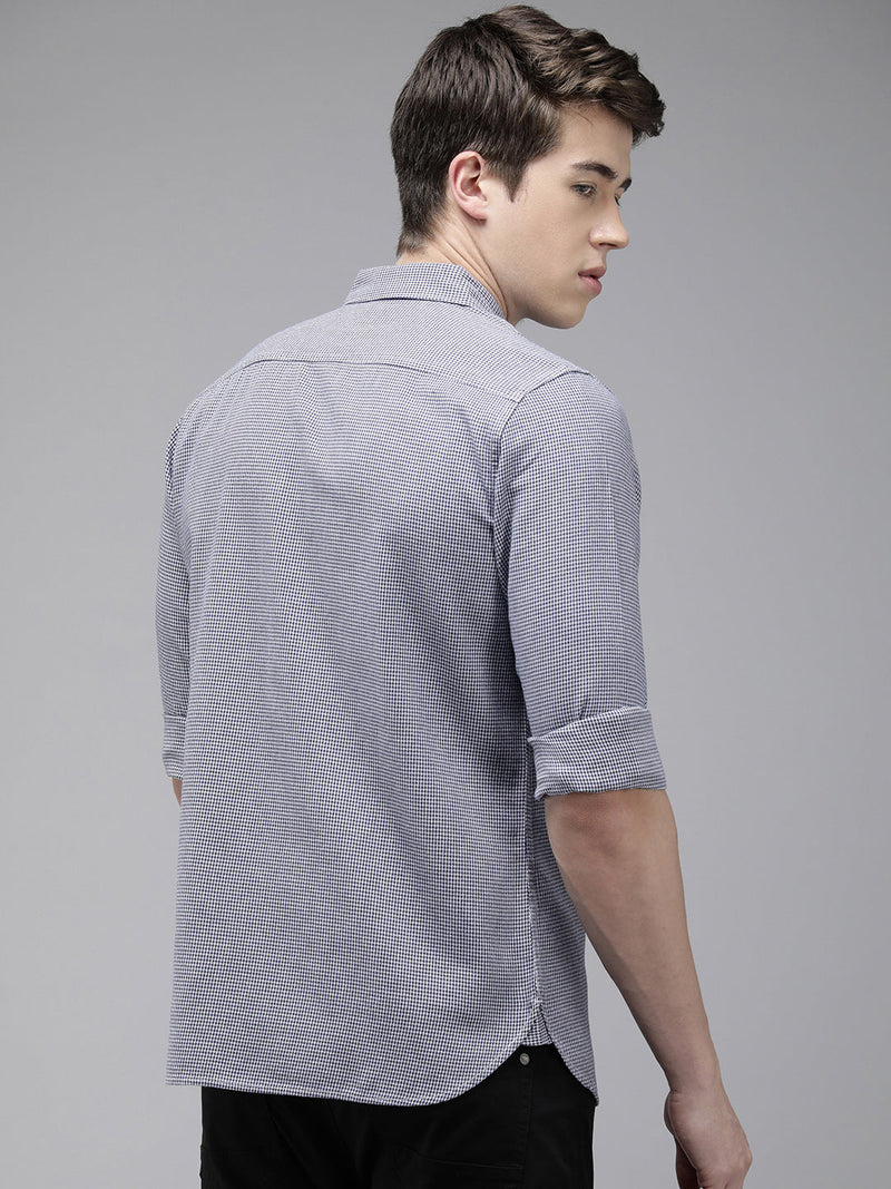 Wanda - Men Blue Hounds tooth Checked Slim Fit Cotton Casual Shirt