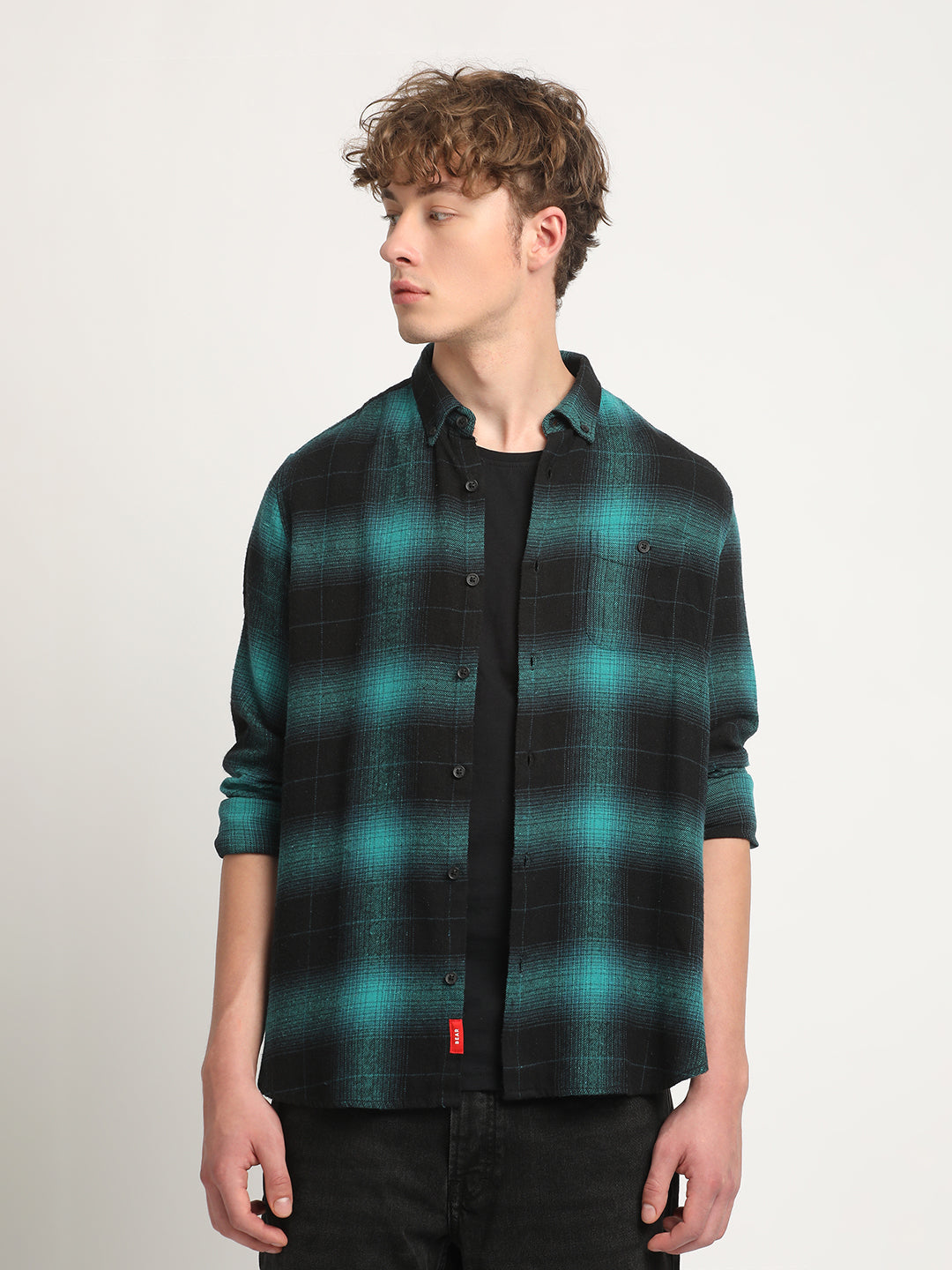 Weir - Men Teal Checked Slim Fit Flannel Cotton Casual Shirt