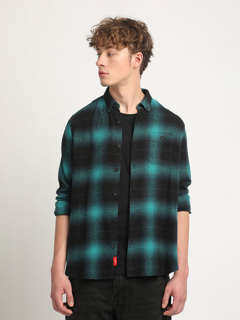 Weir - Men Teal Checked Slim Fit Flannel Cotton Casual Shirt