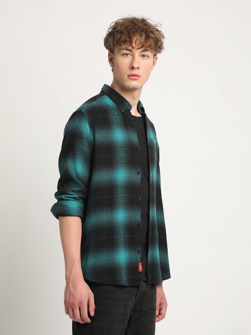 Weir - Men Teal Checked Slim Fit Flannel Cotton Casual Shirt