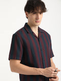 Yana - Men Maroon and Navy Striped Regular Fit Cotton Casual Shirt