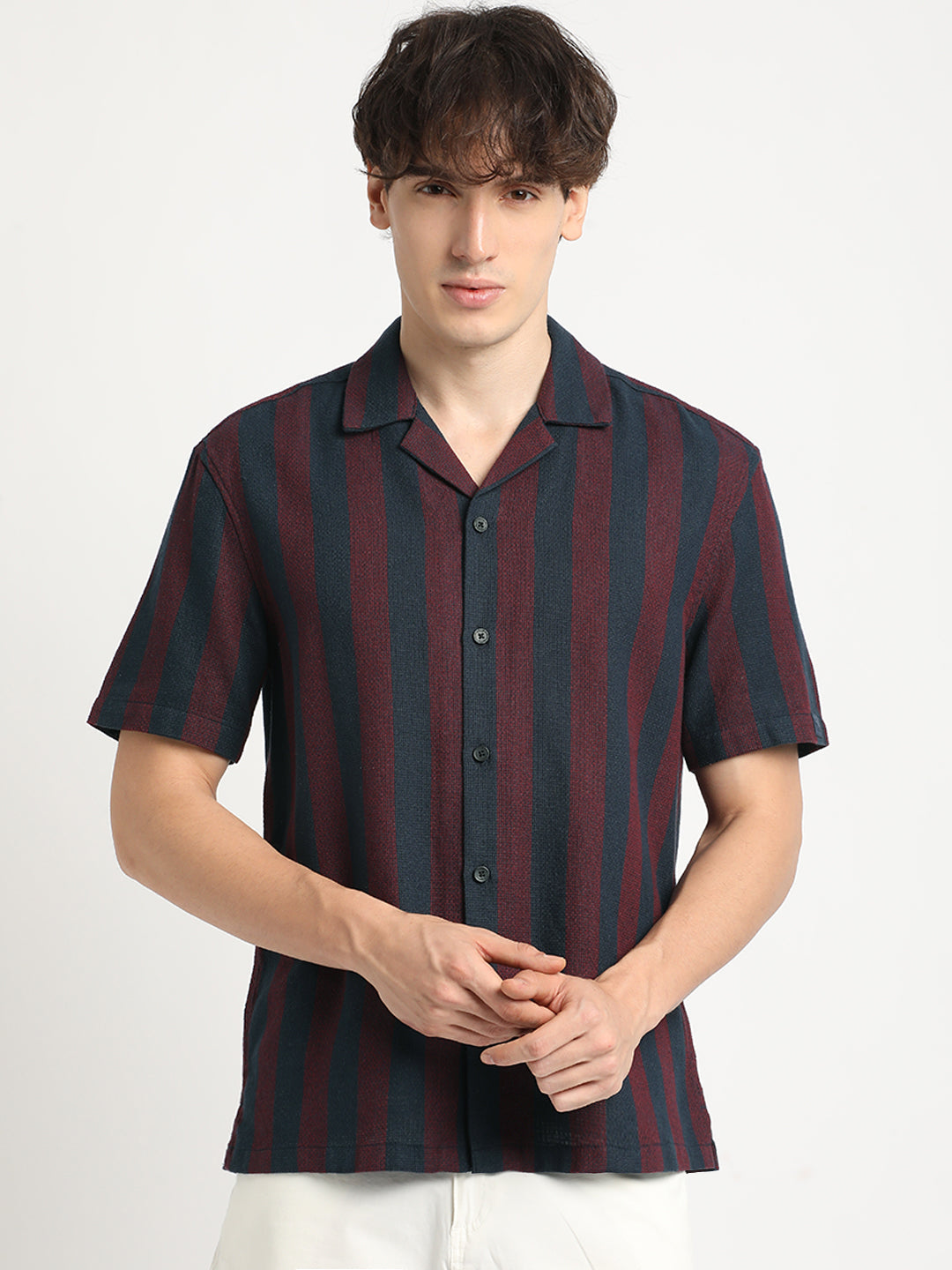 Yana - Men Maroon and Navy Striped Regular Fit Cotton Casual Shirt