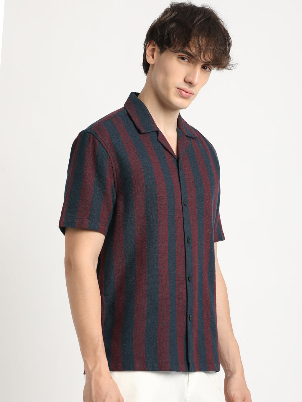 Yana - Men Maroon and Navy Striped Regular Fit Cotton Casual Shirt