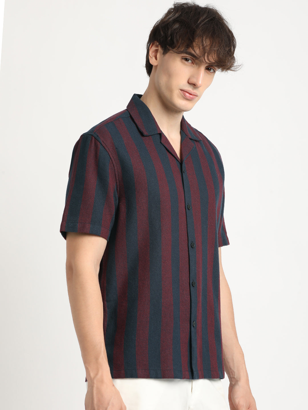 Yana - Men Maroon and Navy Striped Regular Fit Cotton Casual Shirt