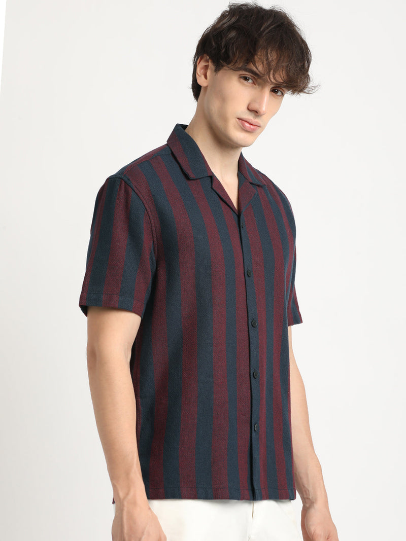 Yana - Men Maroon and Navy Striped Regular Fit Cotton Casual Shirt