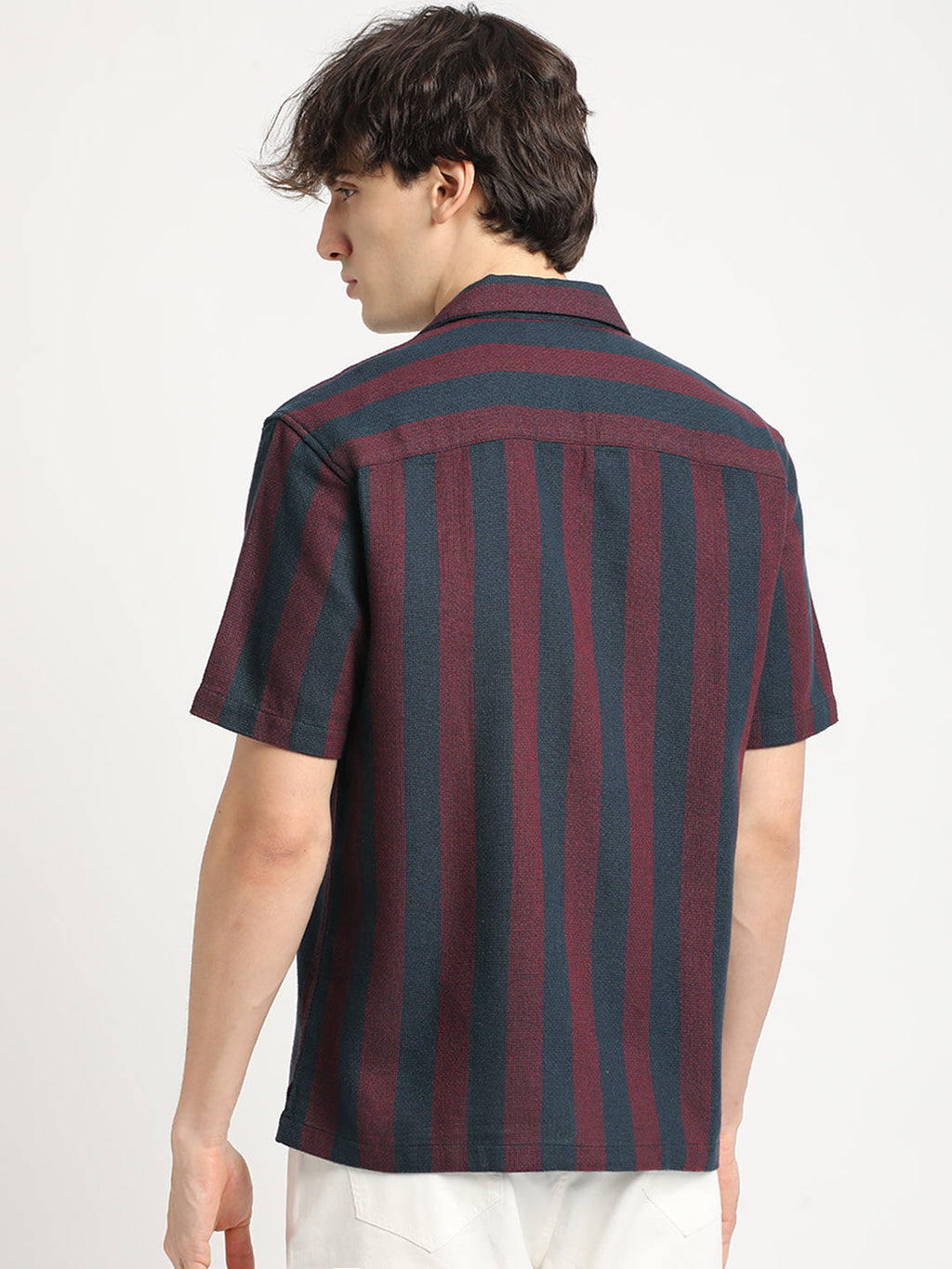 Yana - Men Maroon and Navy Striped Regular Fit Cotton Casual Shirt