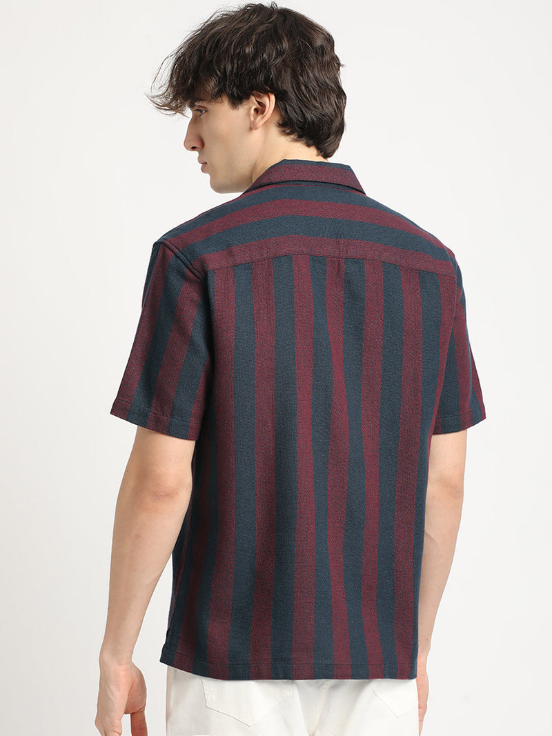 Yana - Men Maroon and Navy Striped Regular Fit Cotton Casual Shirt