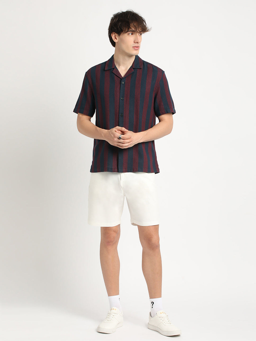 Yana - Men Maroon and Navy Striped Regular Fit Cotton Casual Shirt
