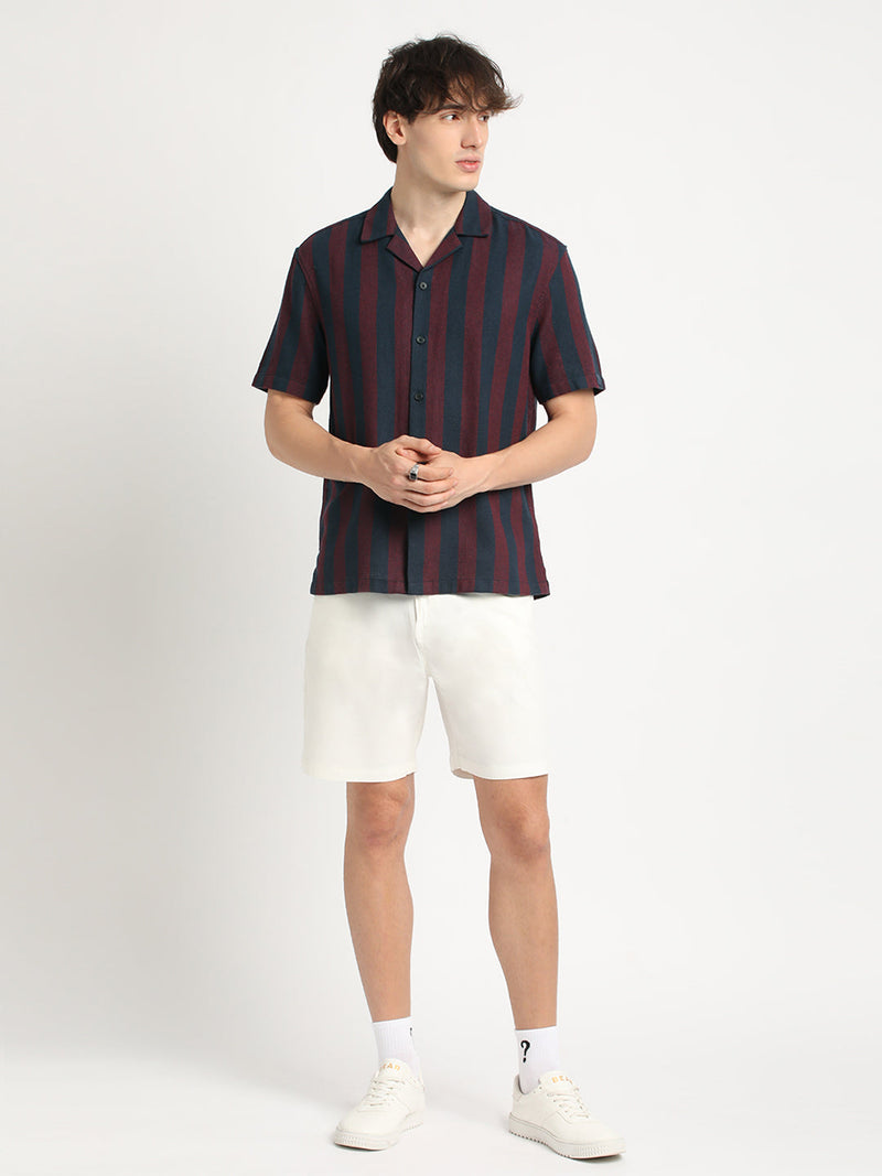 Yana - Men Maroon and Navy Striped Regular Fit Cotton Casual Shirt