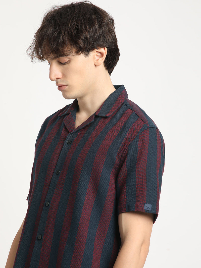Yana - Men Maroon and Navy Striped Regular Fit Cotton Casual Shirt