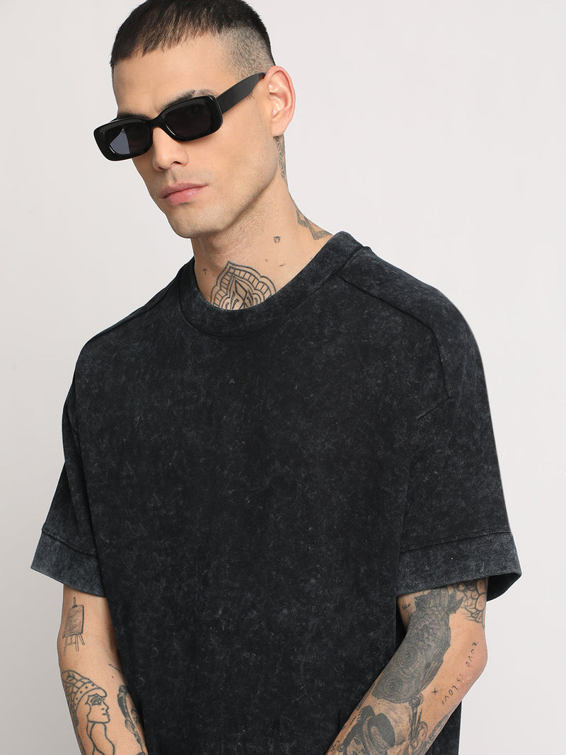Bigel - Men Black Ball wash Dyed Oversized Fit Round Neck T-shirt