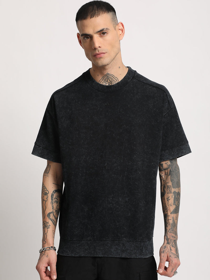 Bigel - Men Black Ball wash Dyed Oversized Fit Round Neck T-shirt