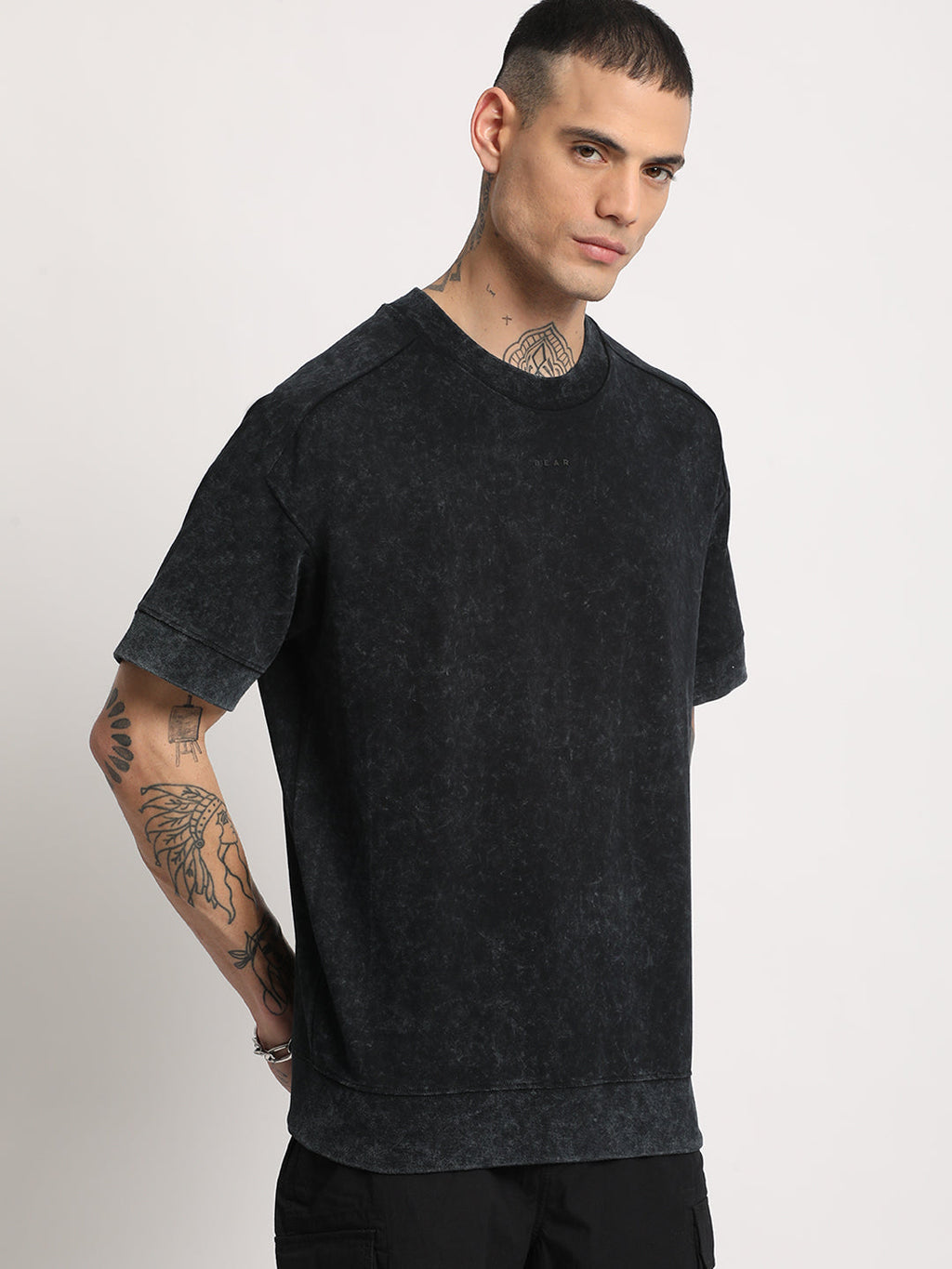 Bigel - Men Black Ball wash Dyed Oversized Fit Round Neck T-shirt