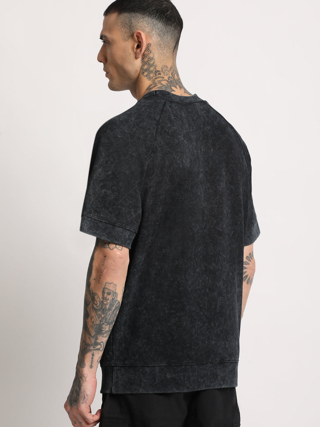 Bigel - Men Black Ball wash Dyed Oversized Fit Round Neck T-shirt