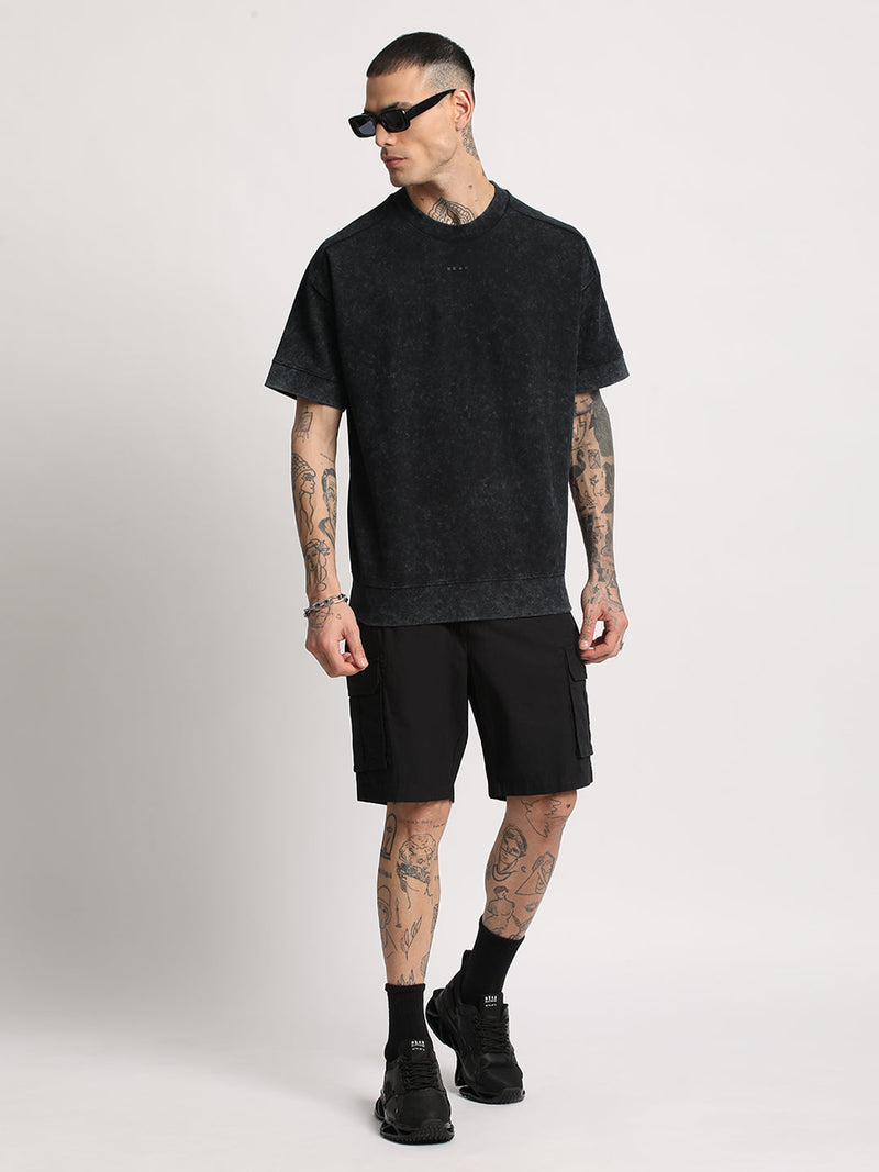 Bigel - Men Black Ball wash Dyed Oversized Fit Round Neck T-shirt