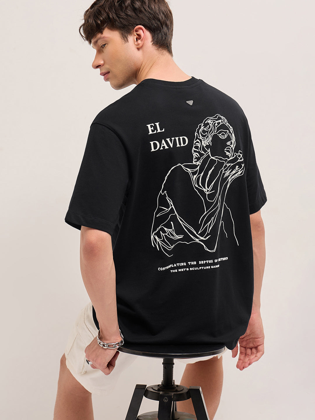 DAVID - Black Oversized Cotton T-Shirt with Text Embroidery & El David Sculpture Graphic