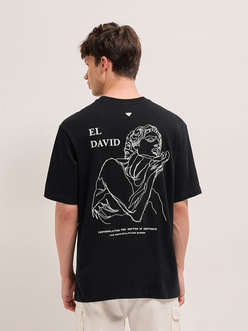 DAVID - Black Oversized Cotton T-Shirt with Text Embroidery & El David Sculpture Graphic