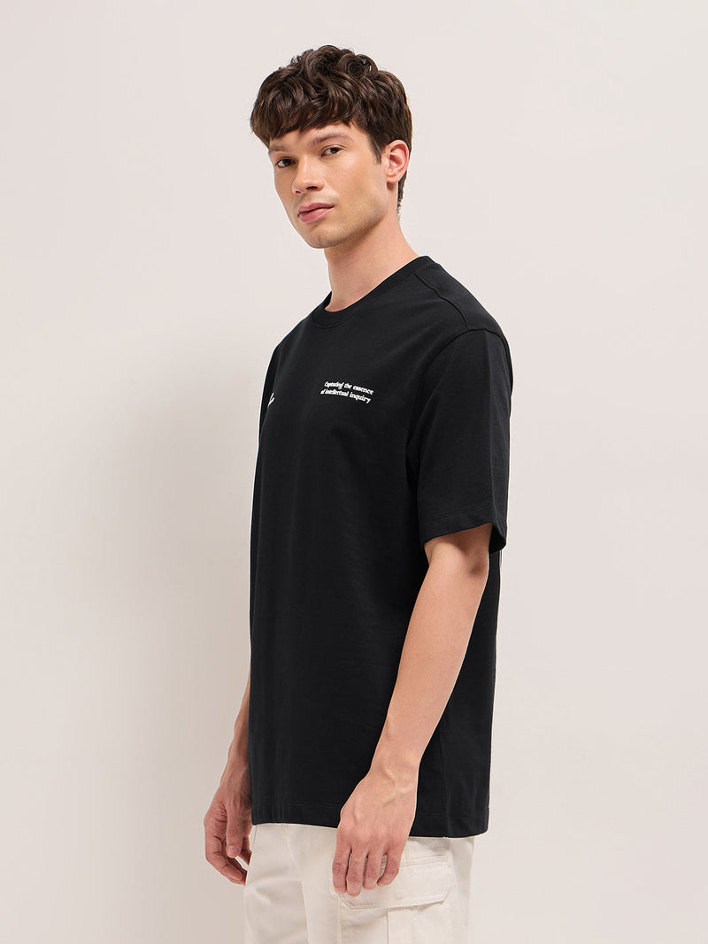 DAVID - Black Oversized Cotton T-Shirt with Text Embroidery & El David Sculpture Graphic