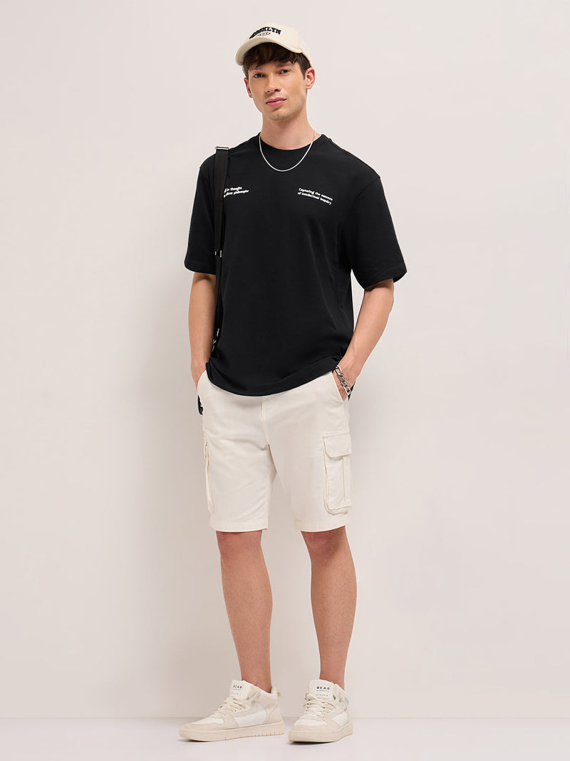 DAVID - Black Oversized Cotton T-Shirt with Text Embroidery & El David Sculpture Graphic