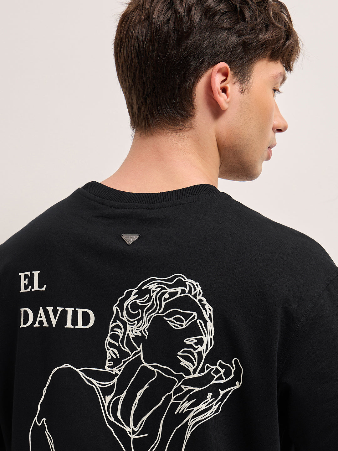 DAVID - Black Oversized Cotton T-Shirt with Text Embroidery & El David Sculpture Graphic