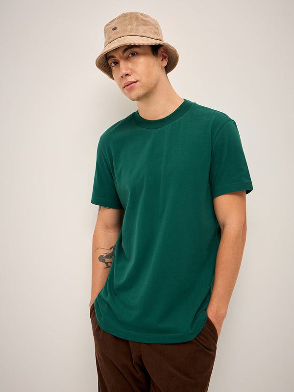 GRELARO - Bottle Green Solid Crew Neck Regular Fit T-Shirt