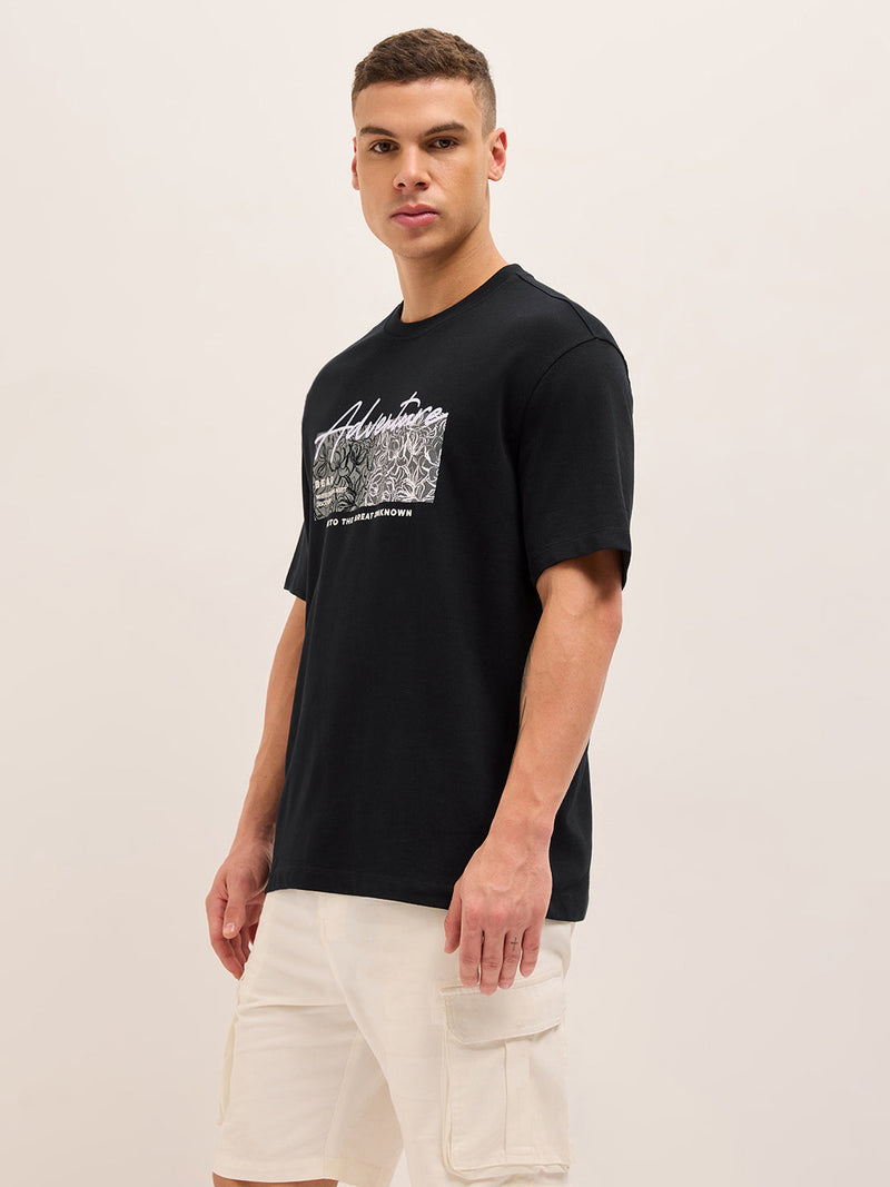 LAGE - Black Crew Neck T-Shirt with Adventure Graphic Print