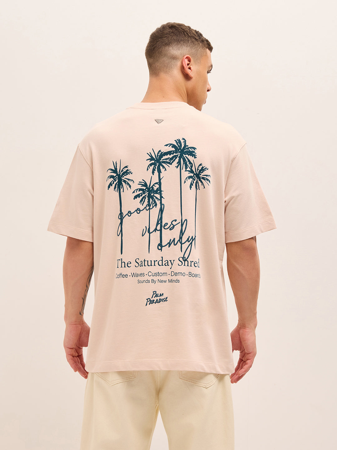 PITH - Peach Oversized Crew Neck T-Shirt with Palm Tree Back Graphic Print