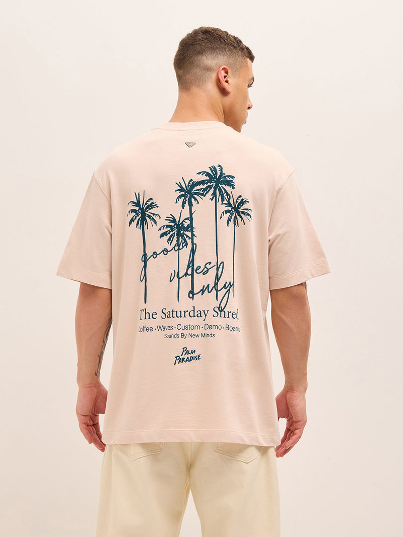 PITH - Peach Oversized Crew Neck T-Shirt with Palm Tree Back Graphic Print