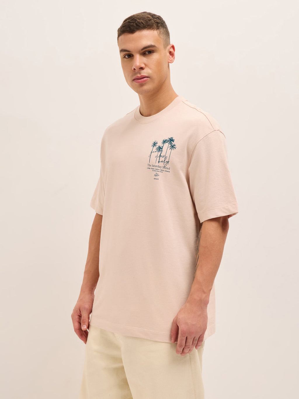PITH - Peach Oversized Crew Neck T-Shirt with Palm Tree Back Graphic Print
