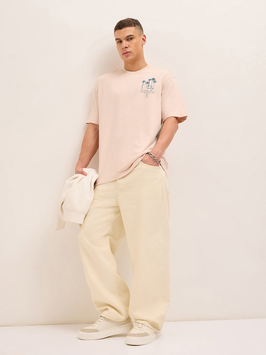 PITH - Peach Oversized Crew Neck T-Shirt with Palm Tree Back Graphic Print