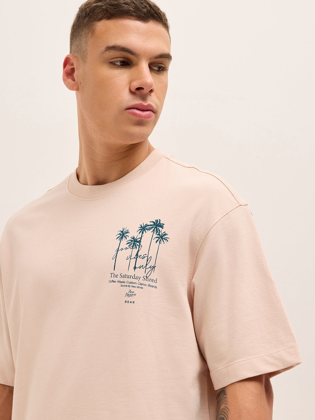 PITH - Peach Oversized Crew Neck T-Shirt with Palm Tree Back Graphic Print