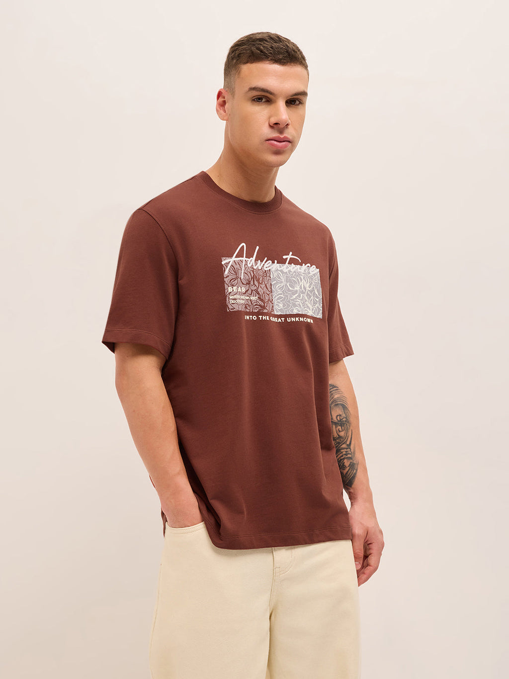 TAGE - Rust Crew Neck T-Shirt with Adventure Graphic Print