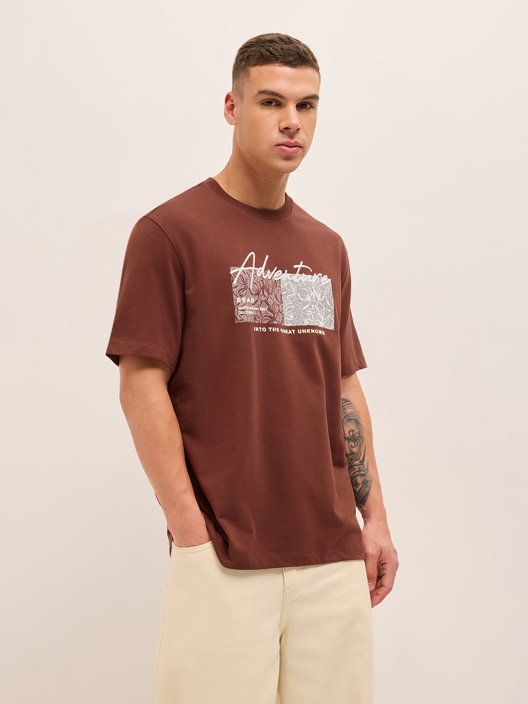 TAGE - Rust Crew Neck T-Shirt with Adventure Graphic Print