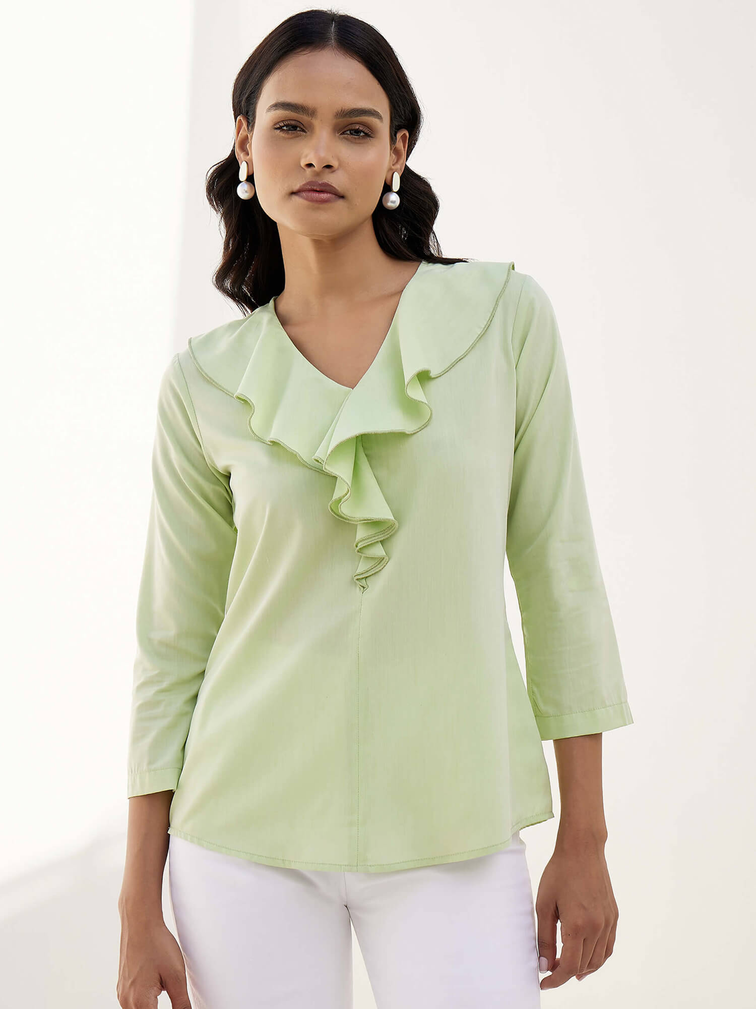 Tinker Ruffled Neckline Top - Fresh Green