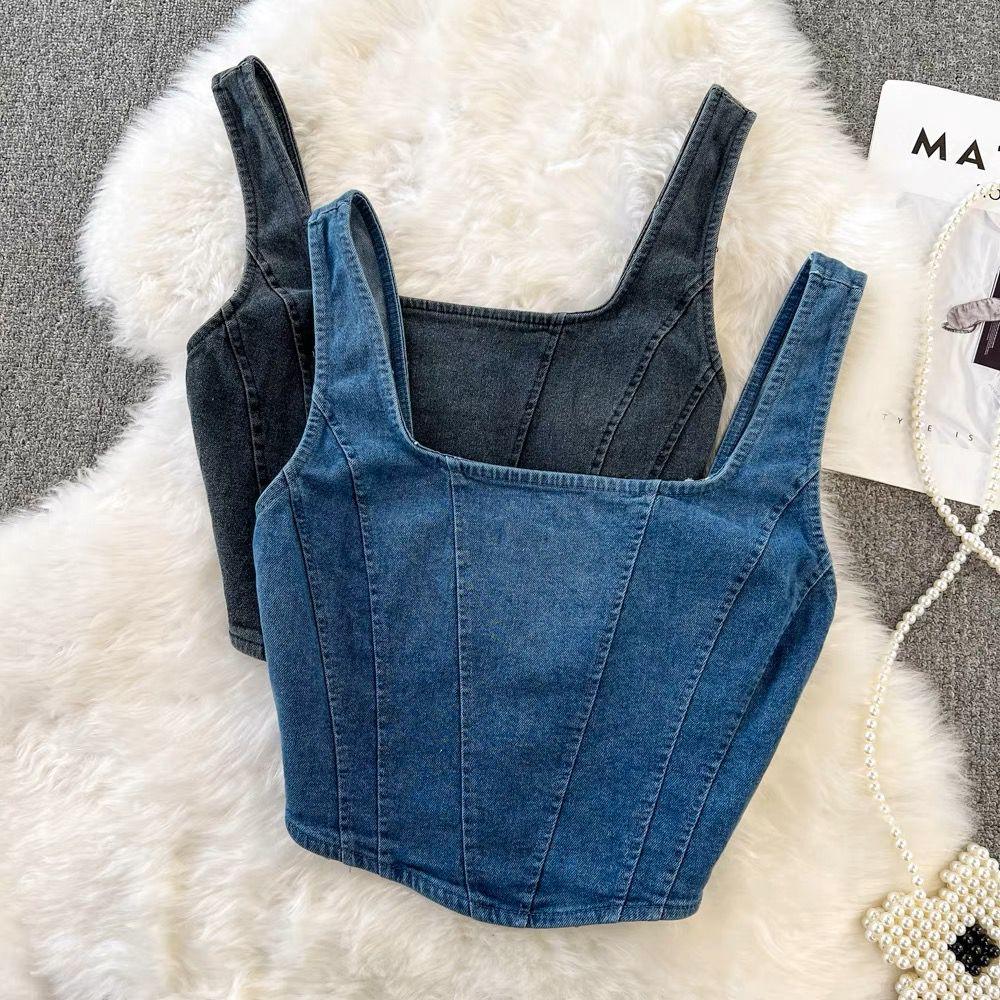 Lyubov Denim Crop Tops - Blue
