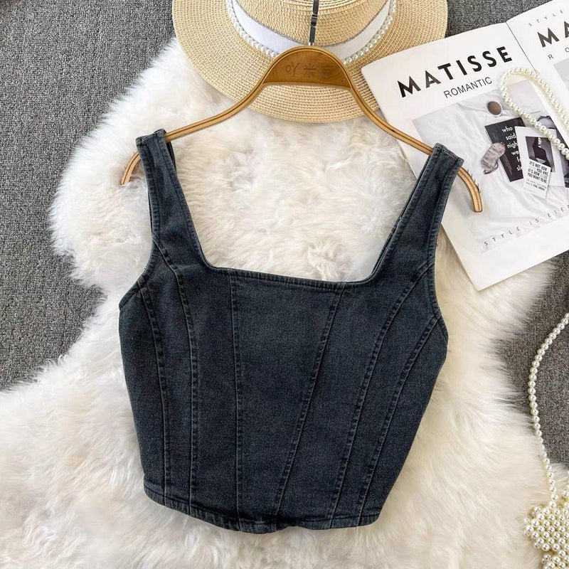 Lyubov Denim Crop Tops - Black