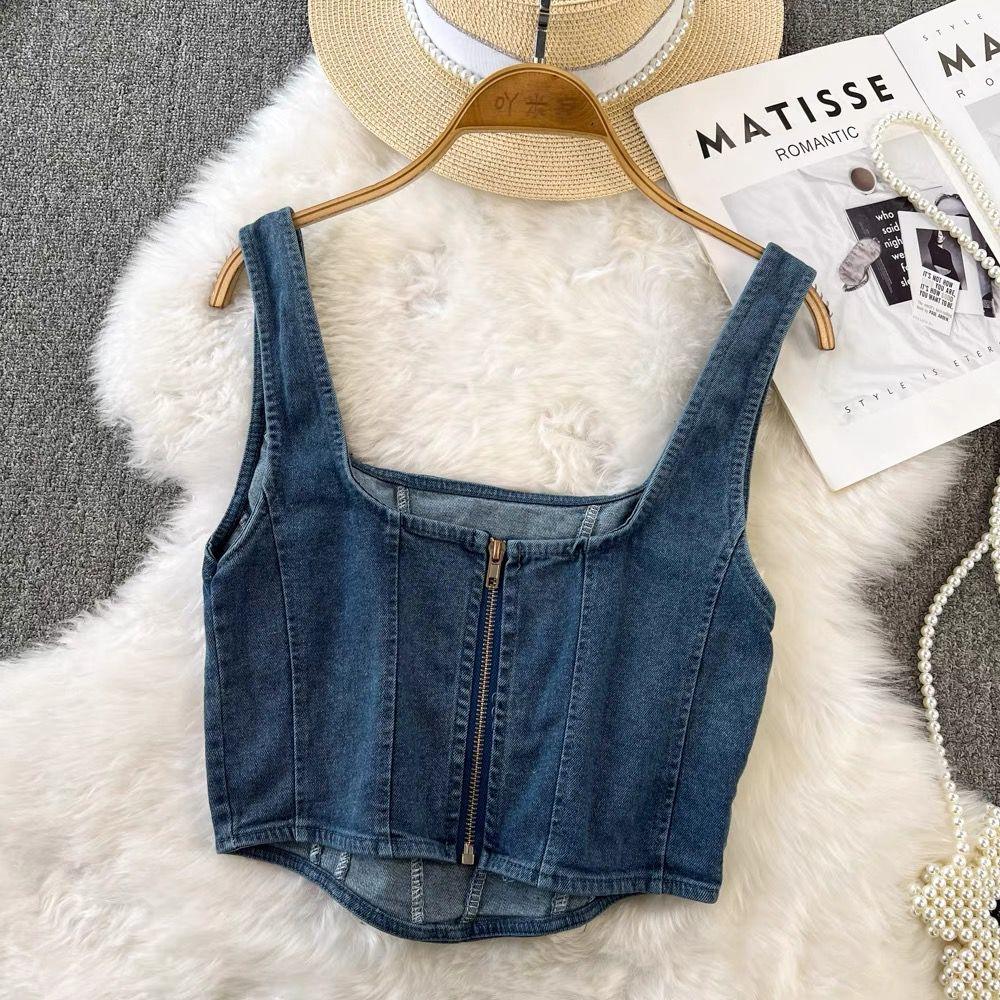 Lyubov Denim Crop Tops - Blue