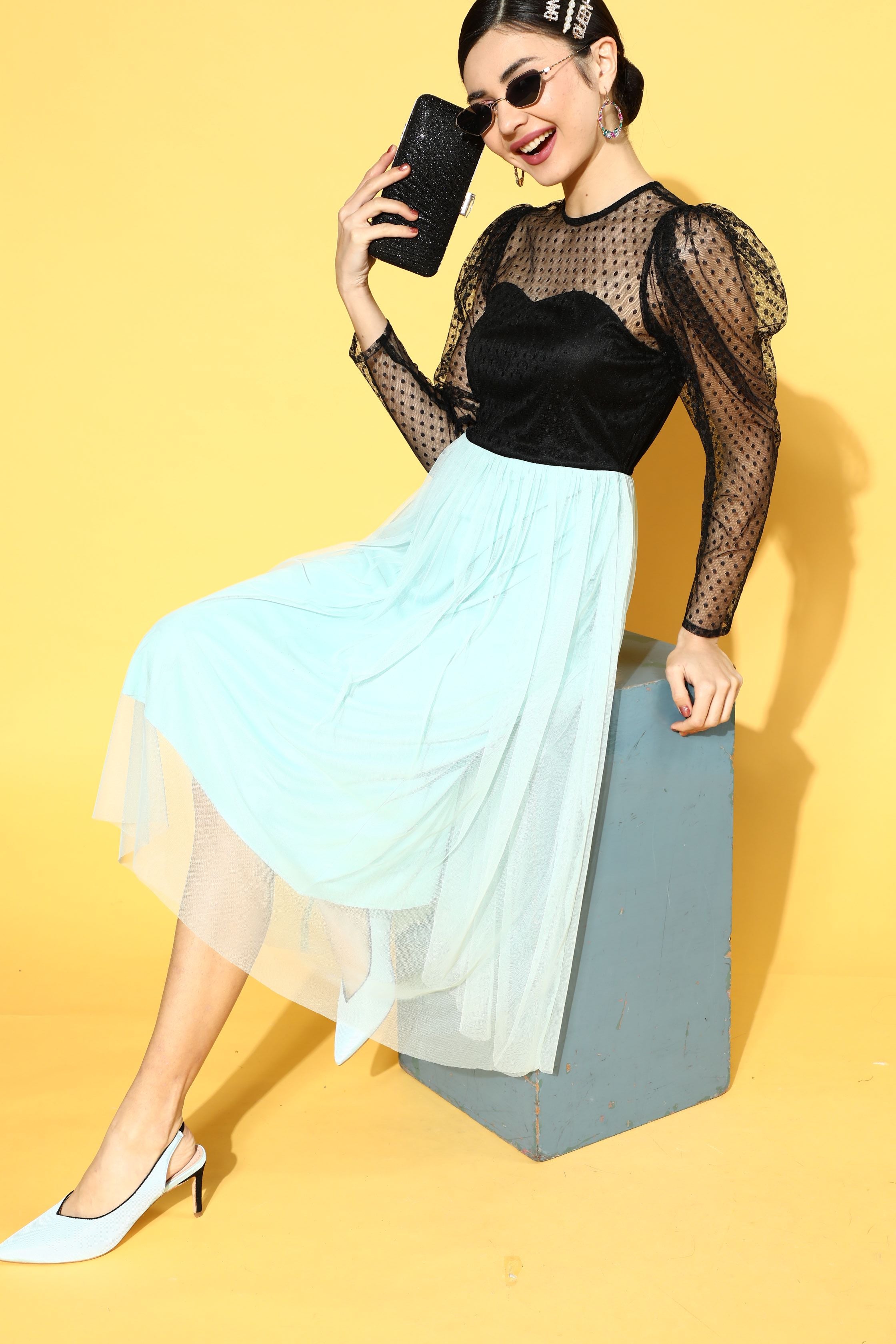Athena Black And Blue Puff Sleeve Dress