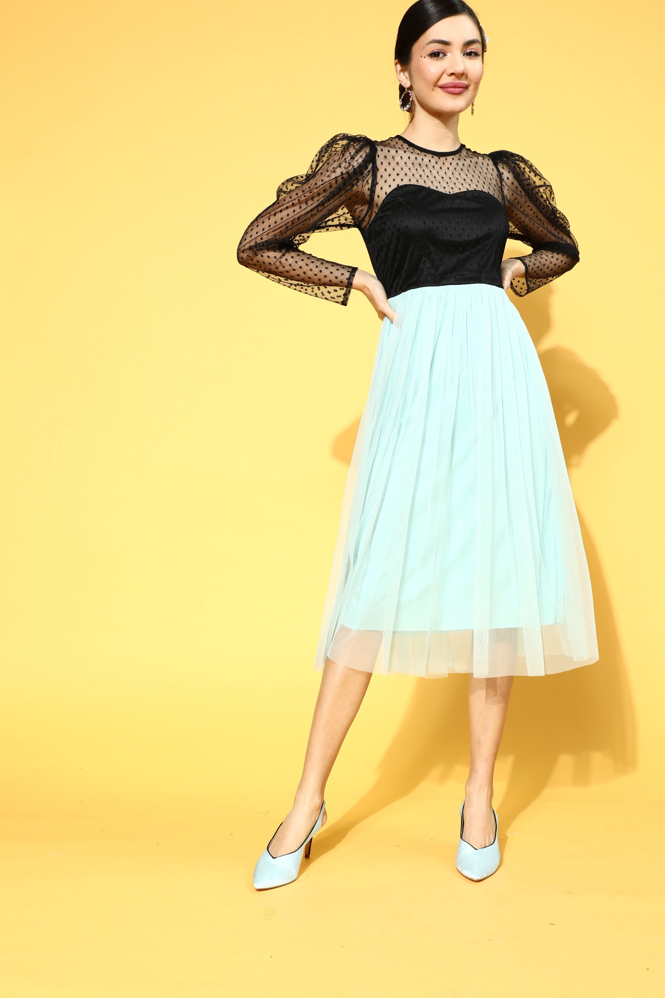 Athena Black And Blue Puff Sleeve Dress