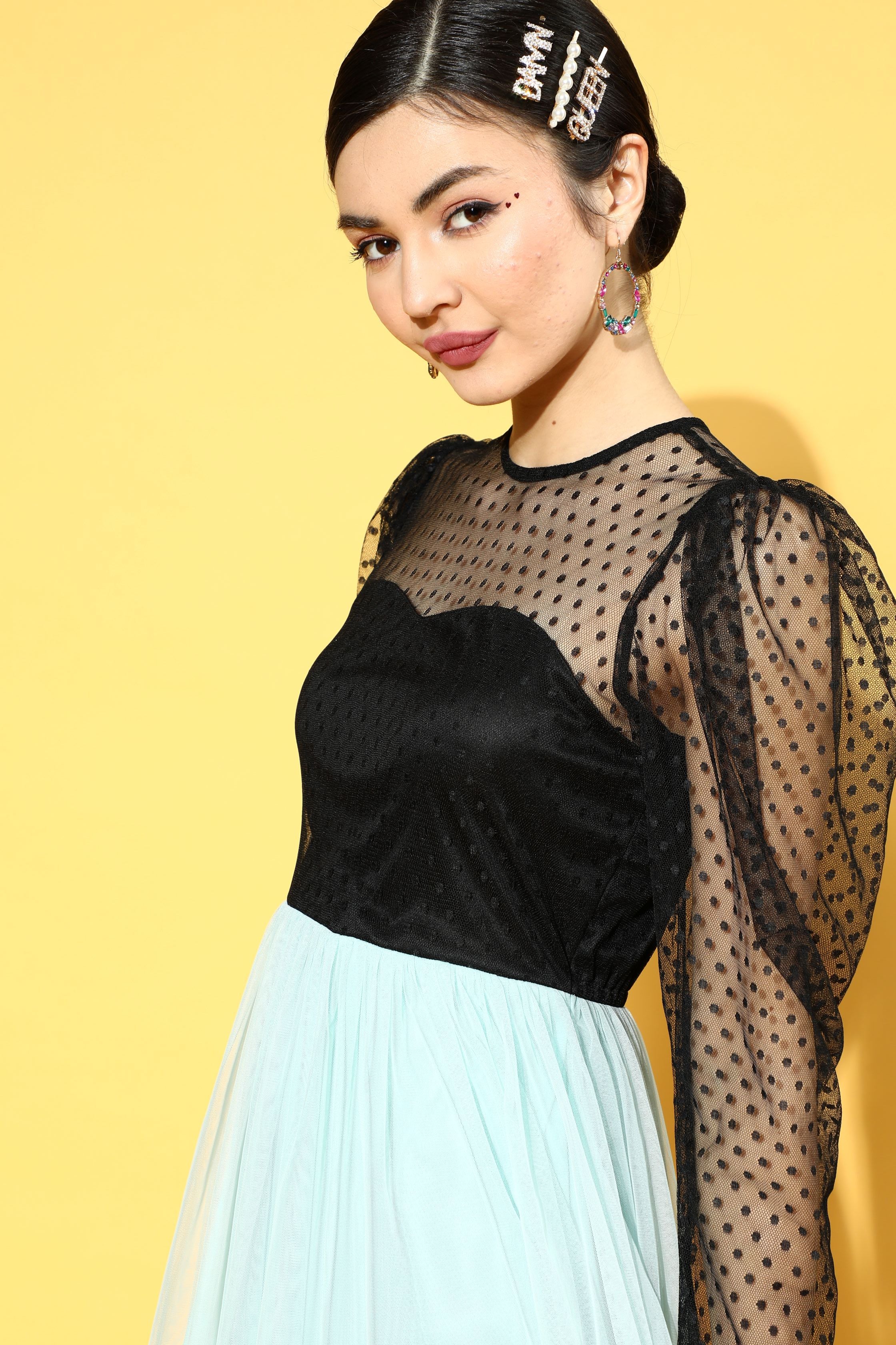 Athena Black And Blue Puff Sleeve Dress