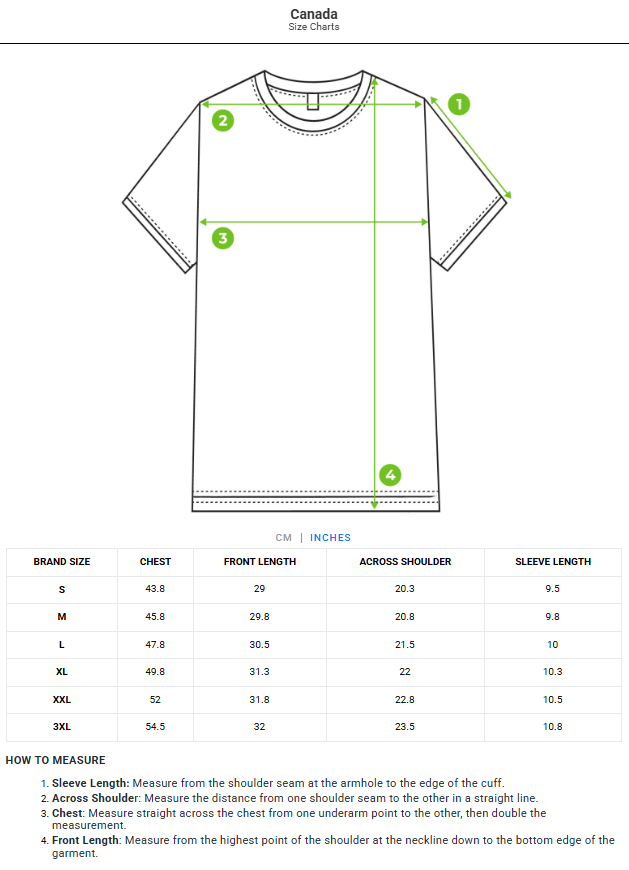 Size chart - product:canada