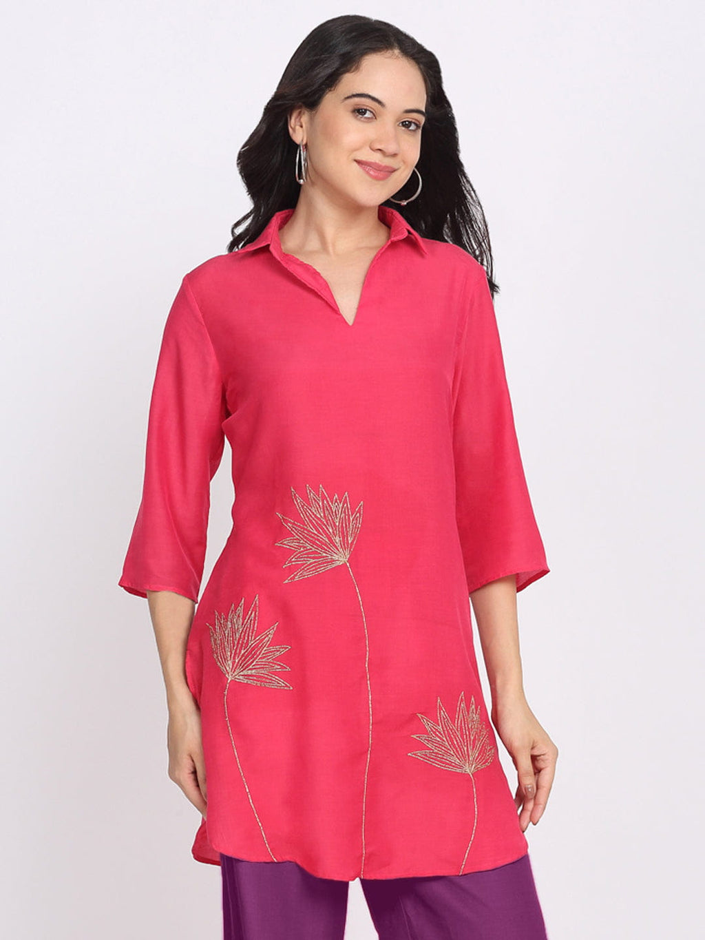 Coral Floral Gold Zari Embroidered Kurti