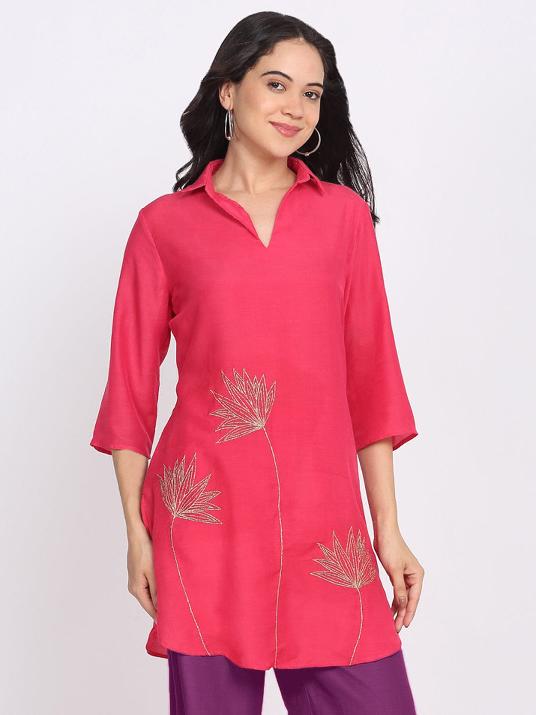 Coral Floral Gold Zari Embroidered Kurti