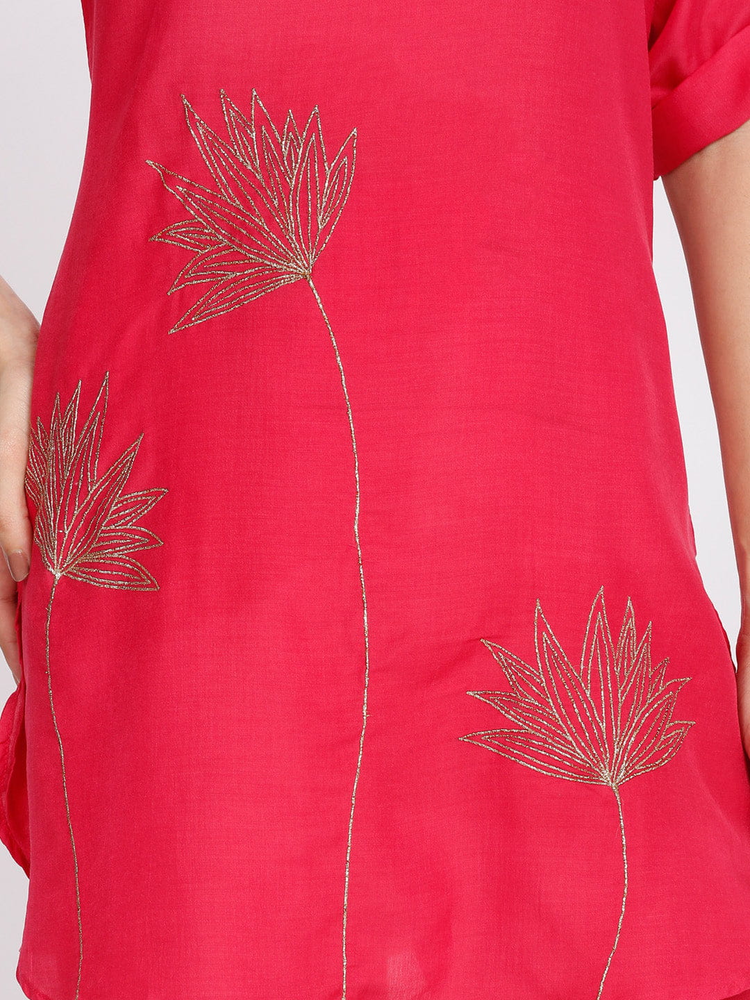 Coral Floral Gold Zari Embroidered Kurti