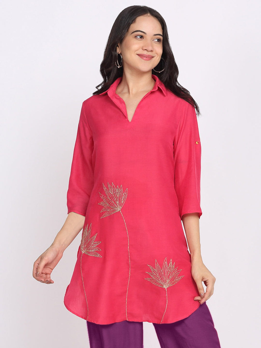 Coral Floral Gold Zari Embroidered Kurti