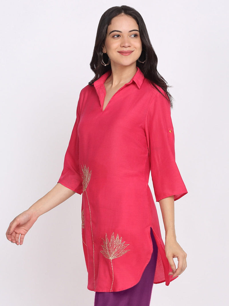 Coral Floral Gold Zari Embroidered Kurti