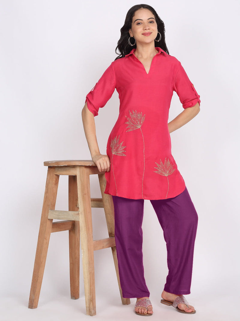 Coral Floral Gold Zari Embroidered Kurti