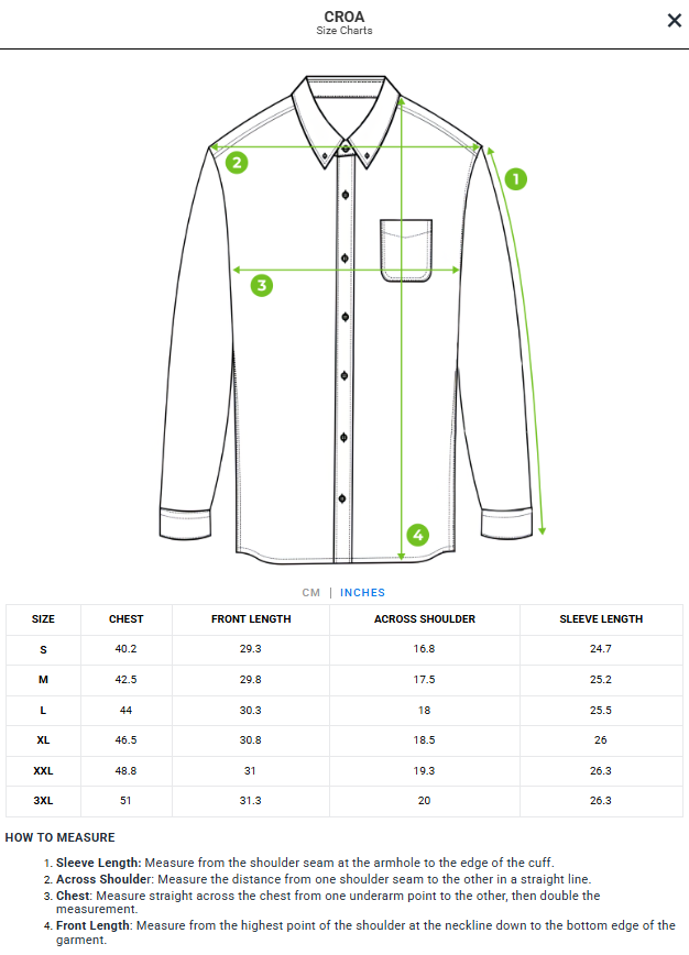 Size chart - product:croa