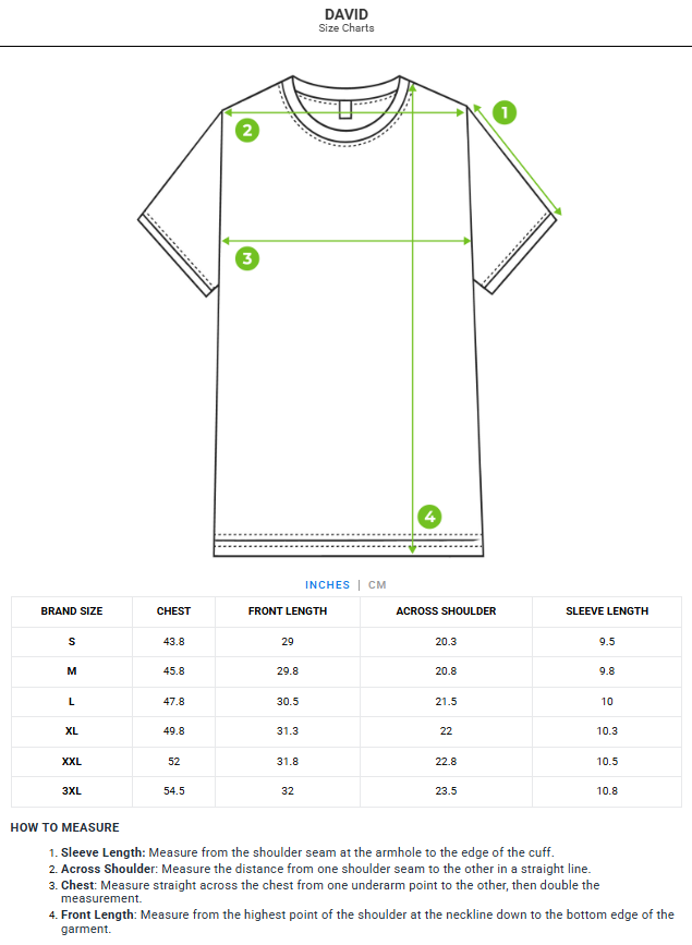 Size chart - product:david-1